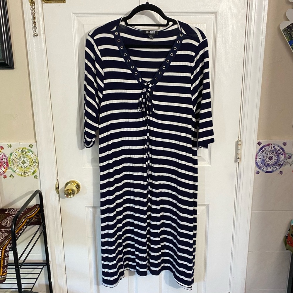 Plus 2X Navy Blue/ White Stripes Nautical Grommet V-Neck Swim Dress Cover-Up